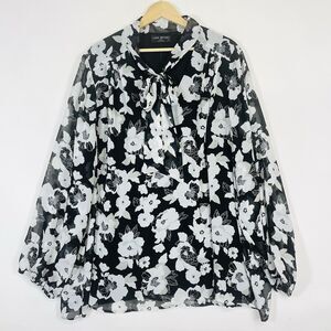 Lane Bryant Black White Floral Long Sleeve Chiffon Shirt Top Blouse Womens 30 32